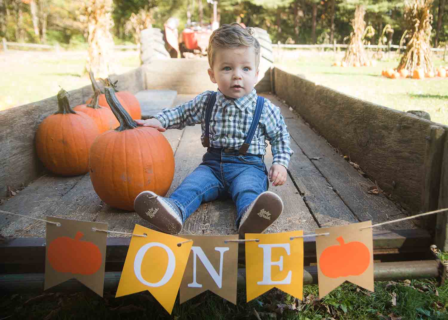 one year baby boy sitting on wagon with pumpkins