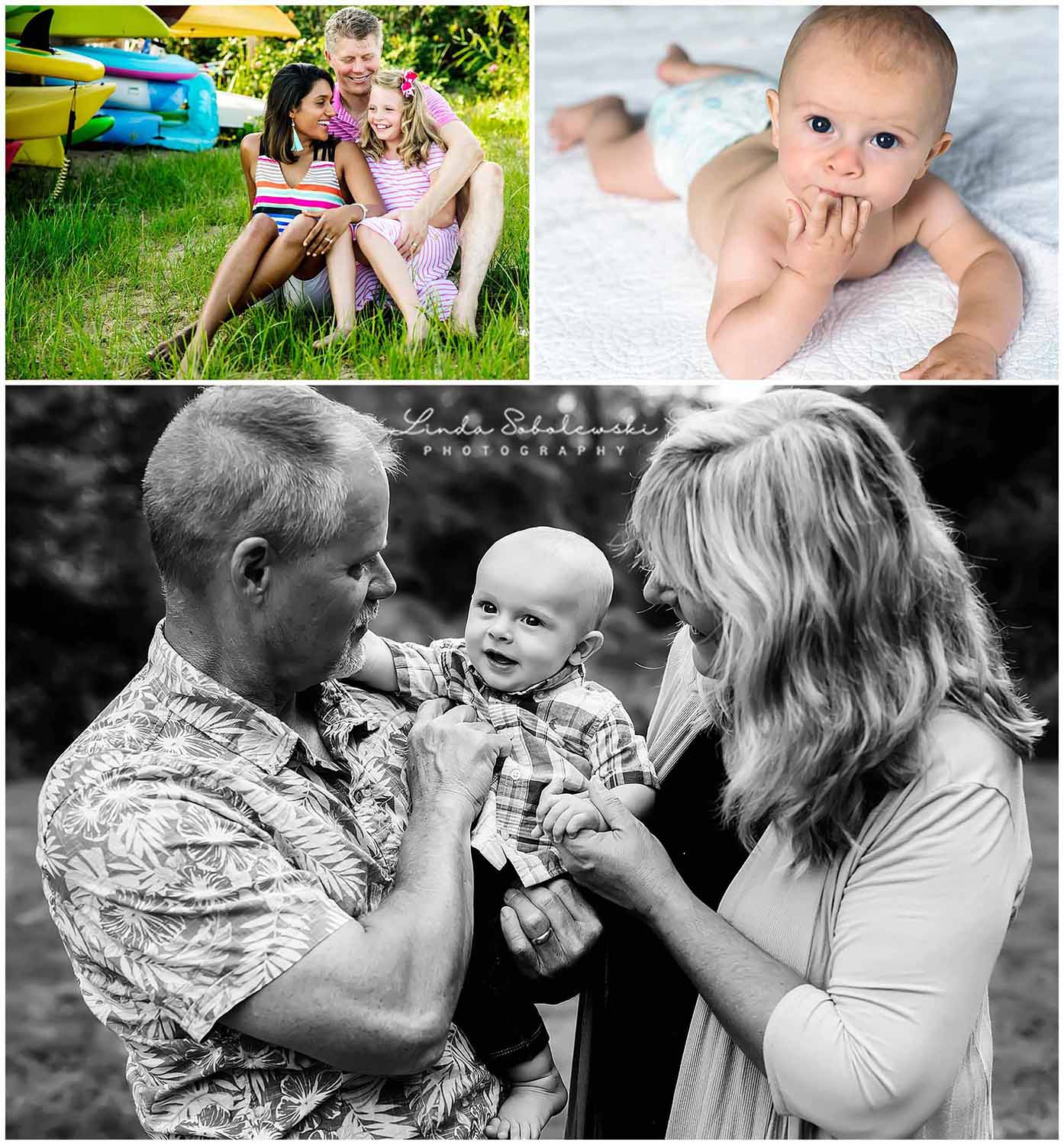 portraits of family of three, baby boy and grandparents holding baby grandson