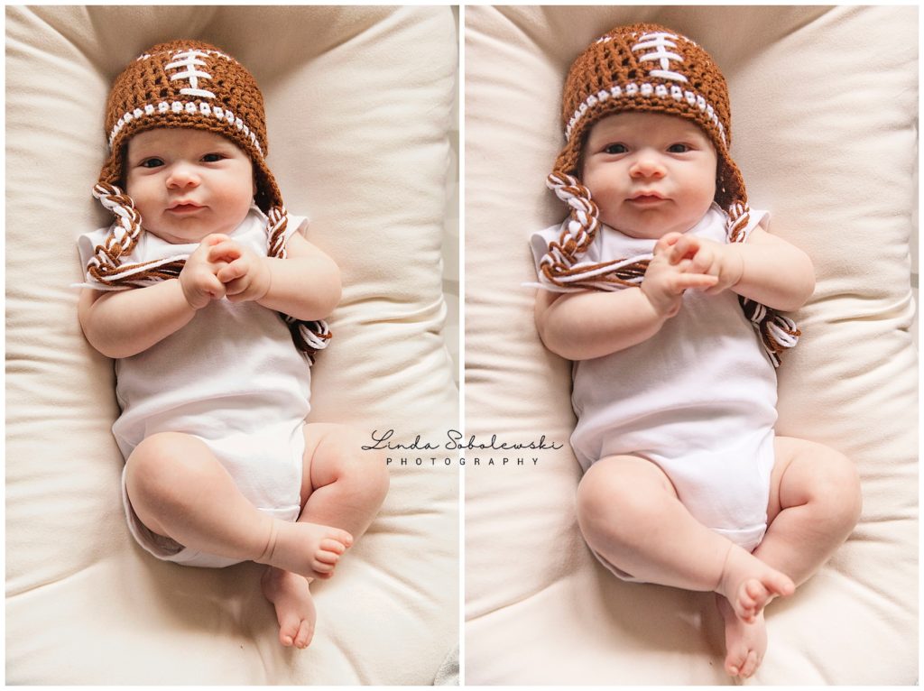 3 month old baby boy with football hoodie, Connecticut family and baby photographer