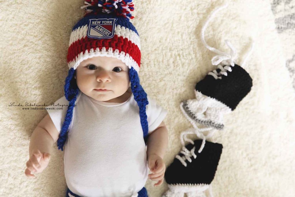3 month old baby boy with hockey outfit, Connecticut family and baby photographer