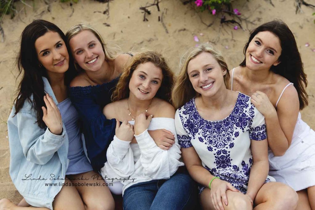 5 senior girls on the beach, sitting at the beach, Madison ct surf club, westbrook senior photographer