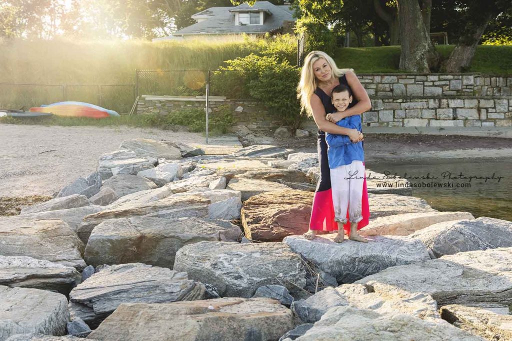 blonde mother and son photo session at the beach, ct shoreline photographer