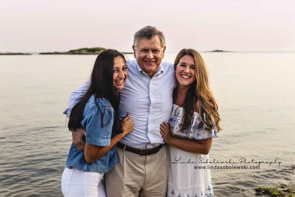 father and his two daughters at the beach, water's edge family photo session