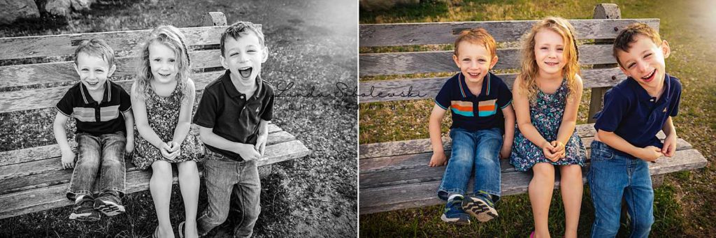 children laughing and sitting on a bench, old Saybrook ct family photographer