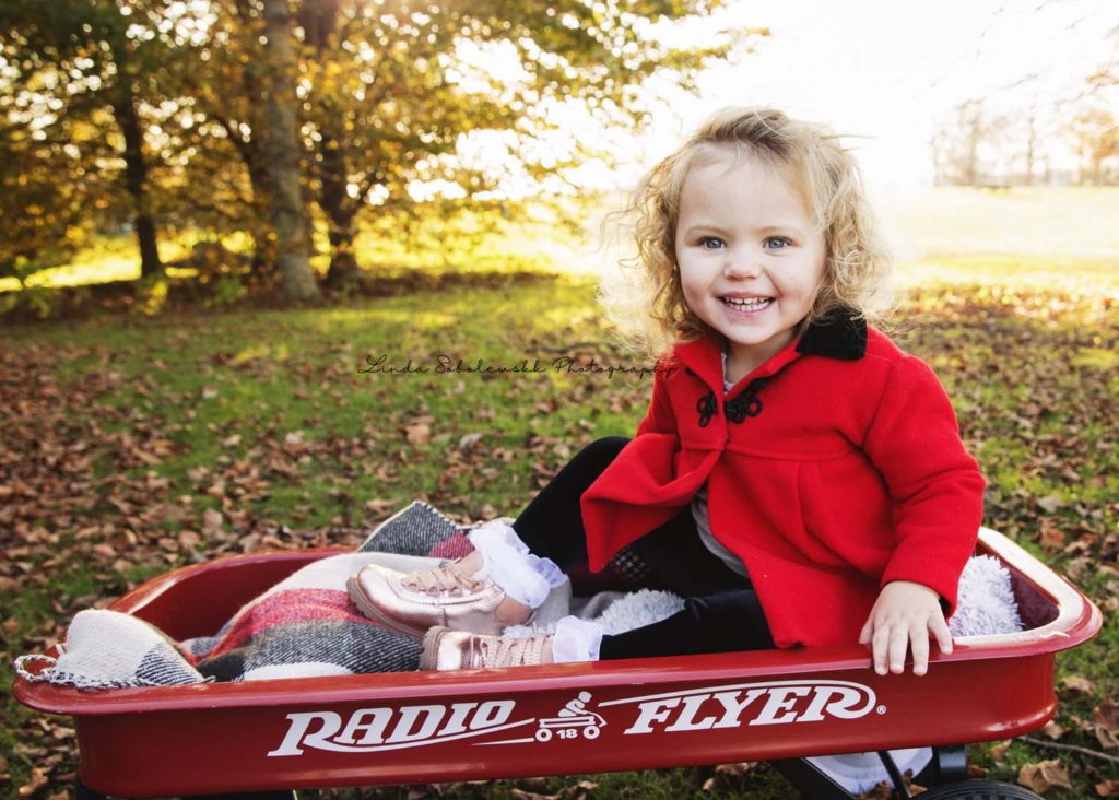 little girl with blonde curly hair in red wagon, Waterford ct family photographer