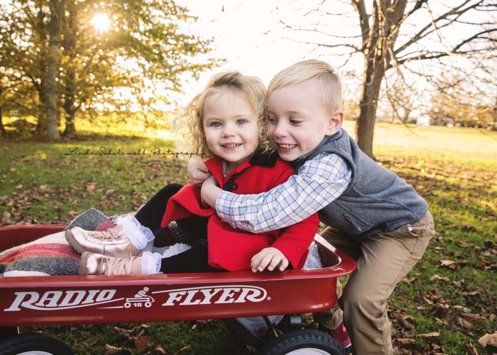 little blonde boy hugging his sister in a red wagon at darkness memorial state park, Waterford family session