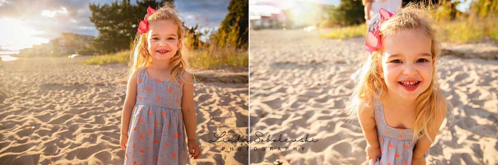 ute little blonde girl with pink bow, at the beach, Westbrook CT family photographer