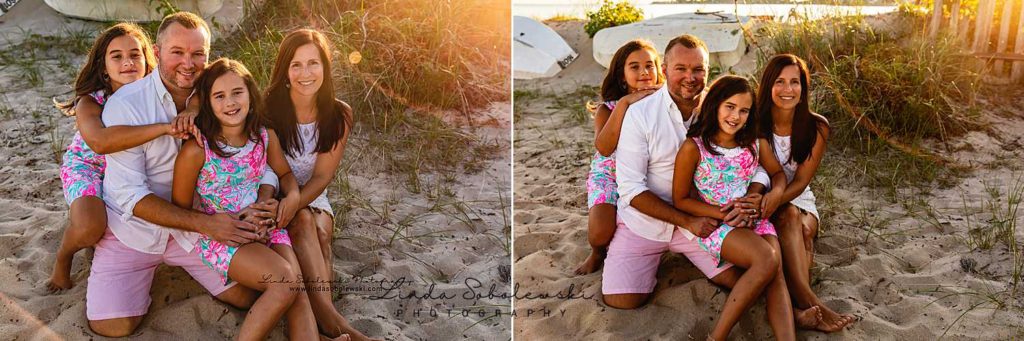images of family of four sitting on a blanket at the beach, Westbrook, CT photography session