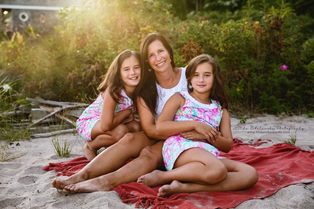 mother and her twin girls at the beach for a family photo session, Westbrook, CT photography 