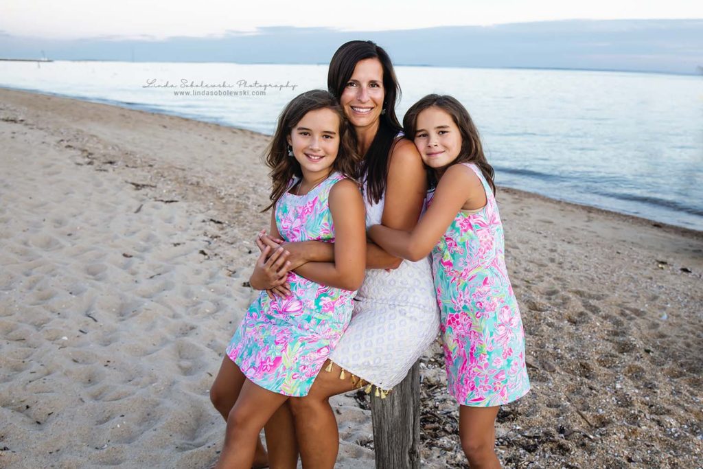 mom and her girls at the beach during sunset, Westbrook, CT photography session