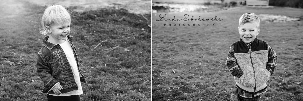 two black and white images of a little girl and a little boy at a family photo session at Bauer Park on the CT shoreline, Old Saybrook family photograpehr