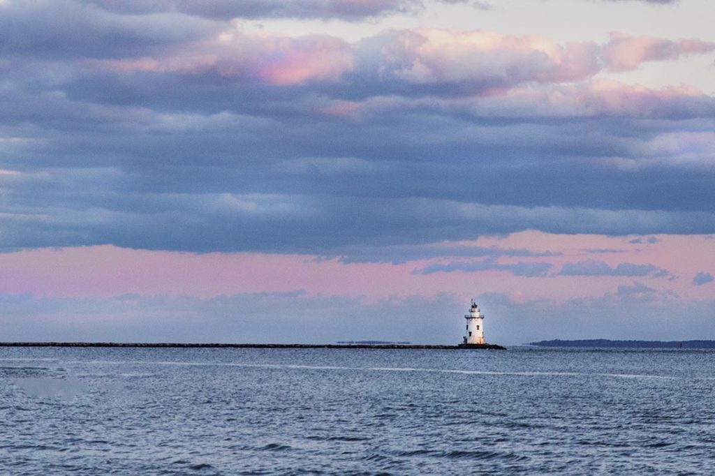 lighthouse with blue and pink clouds and skies, personal project for Linda Sobolewski Photographer, November 2019 Project 52