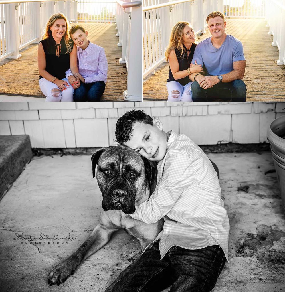 husband and wife at the beach, boy with his dog, Madison, CT family photographer