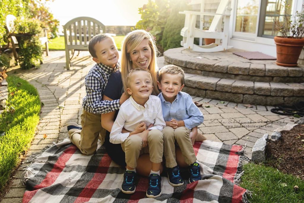 mom with her three boys on a plaid blanket, Old Saybrook Beach Photo Session