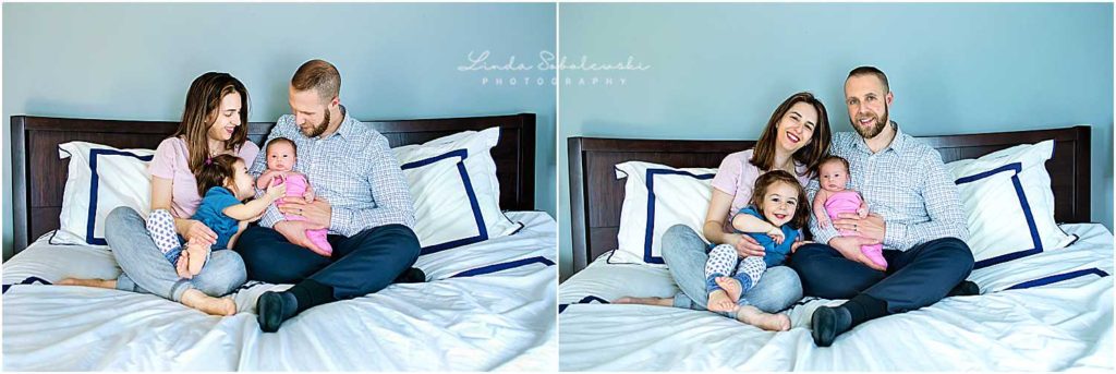 New Family of Four on their bed, Connecticut Newborn Photography Session