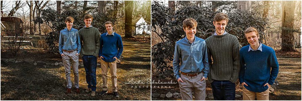 three teenage boys standing with hands in their pockets, Connecticut shoreline photography session