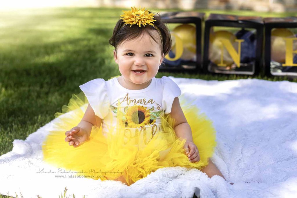 baby in yellow tutu, One-year-old baby pictures, Madison, CT Family Photographer