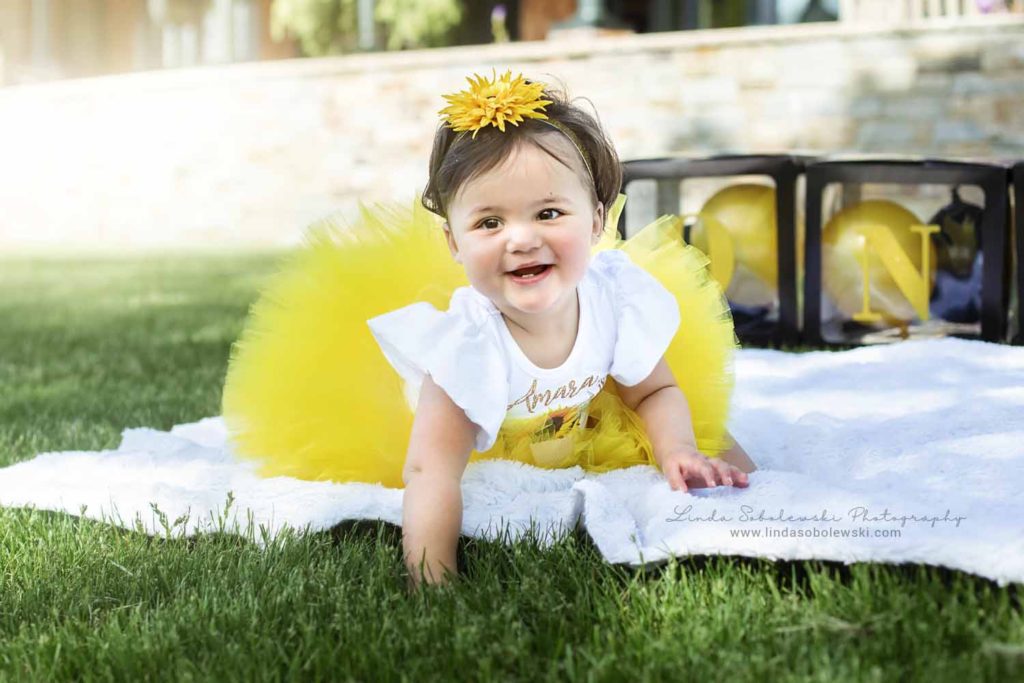 baby in yellow tutu, One-year-old baby pictures, Madison, CT Family Photographer