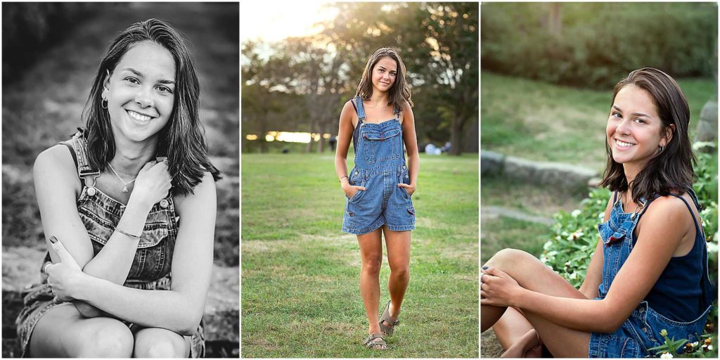 three images of girl in denim overalls, high school senior photo session, Waterford, CT Senior Photographer
