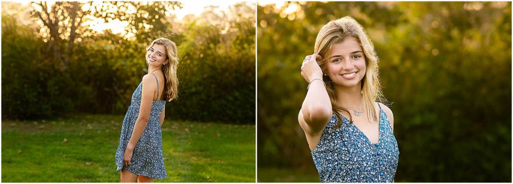 two images of a teenage girl in a blue dress, CT High School Senior Portrait Session, CT High School Senior Photographer