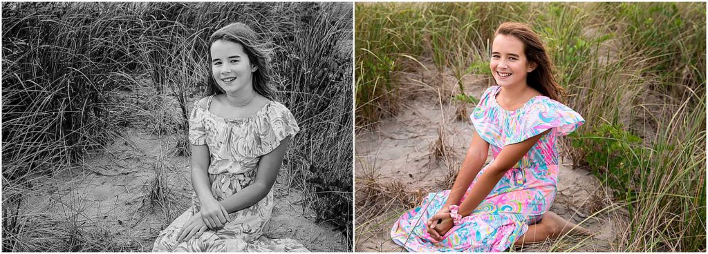 two images of a little girl in a floral dress, CT Family Beach Photoshoot, Madison, CT