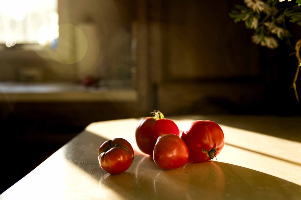 four red tomatoes on a table, October 2020 personal project for CT family photographer