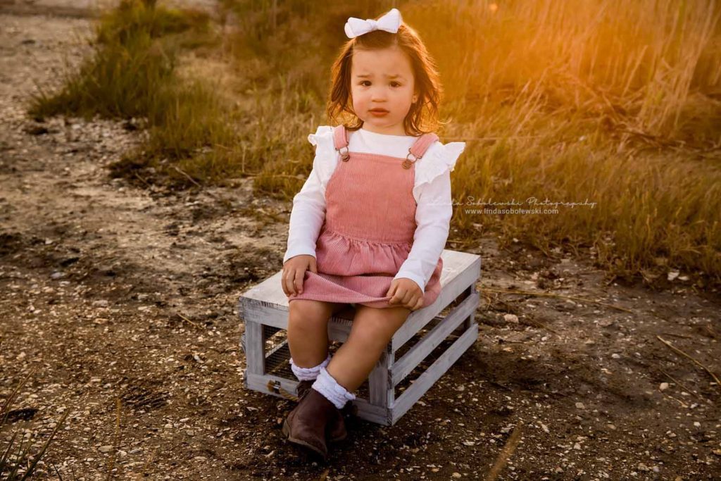 little girl in pink dress sitting on a box, CT shoreline child photographer