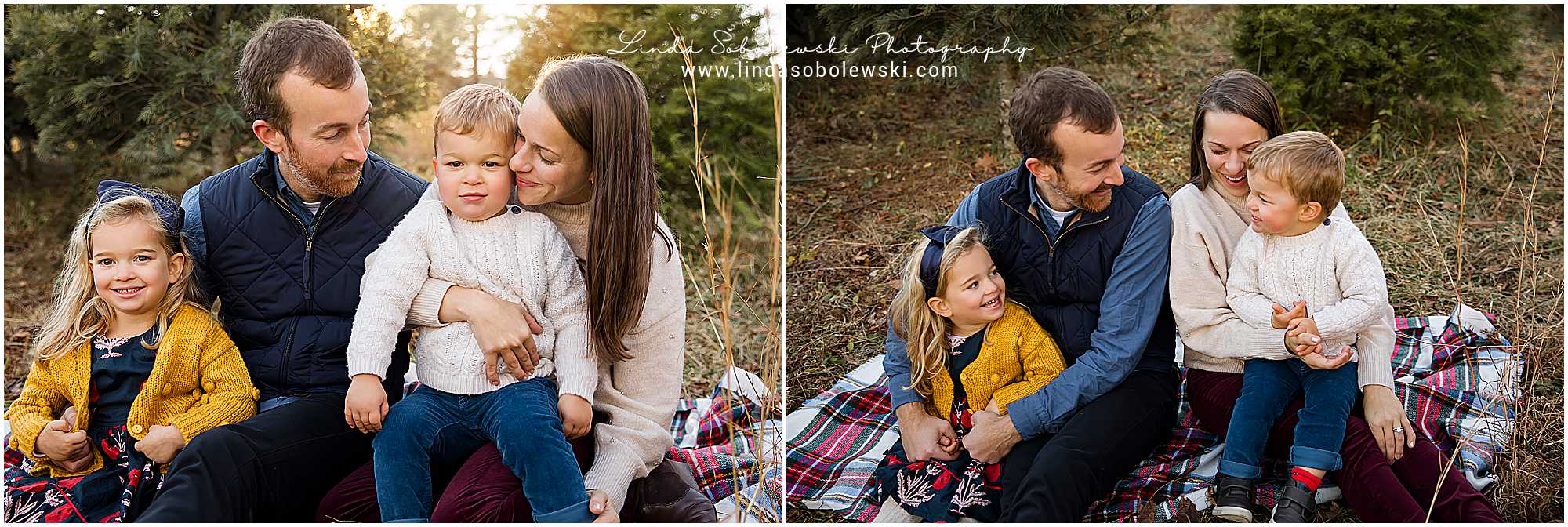 family of four in playing together, Christmas Tree Farm Mini-Sessions, Connecticut Family photographer
