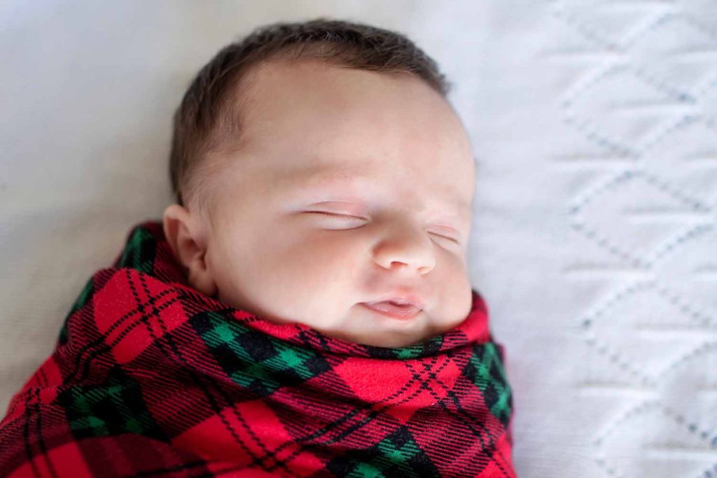 baby wrapped in Christmas blanket, Old Saybrook CT photographer