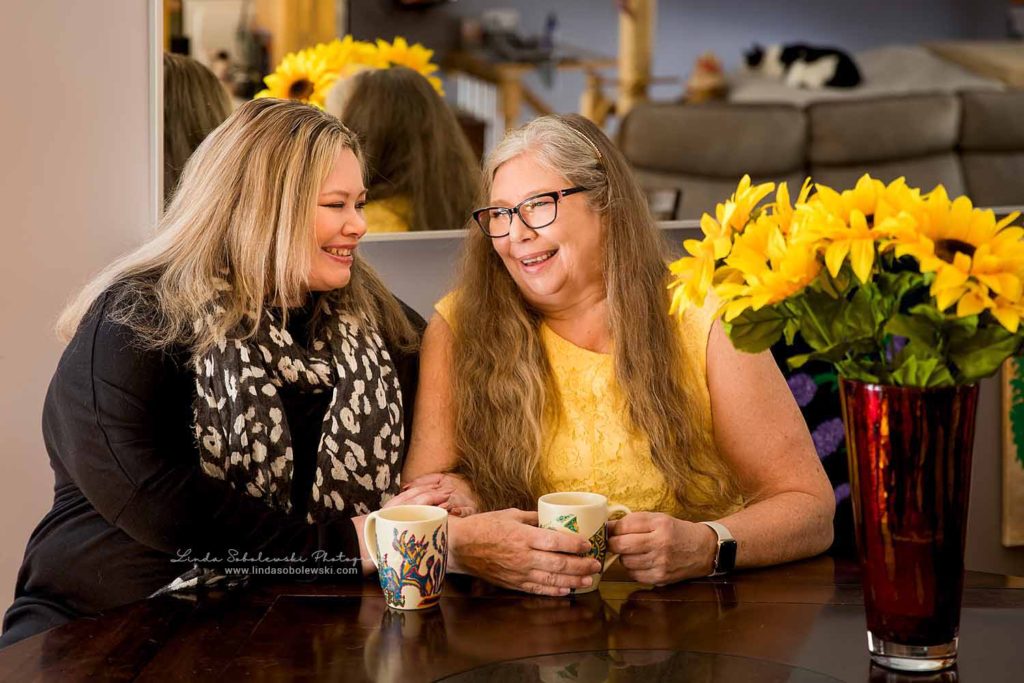 two women drinking coffee together, Old Saybrook Neighbors Magazine, CT Family Photographer
