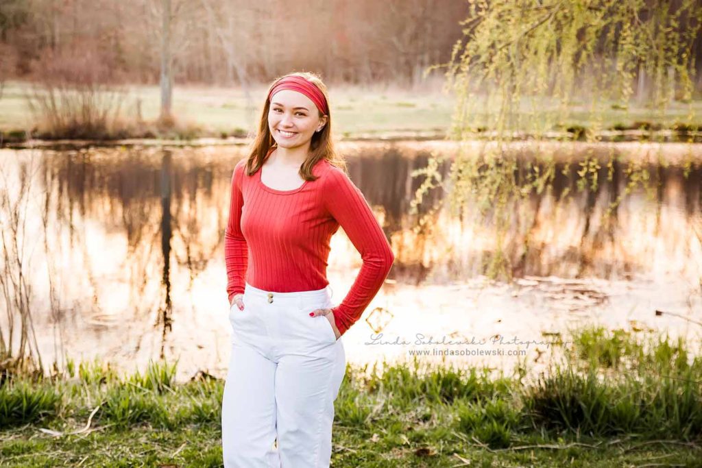teenage with red top and white pants, Bauer Park family session, Madison, CT Family photographer