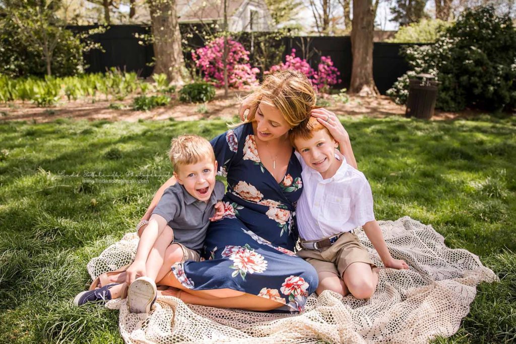 mom in blue dress hugging her boys, Essex CT photographer, What to wear to your photo session
