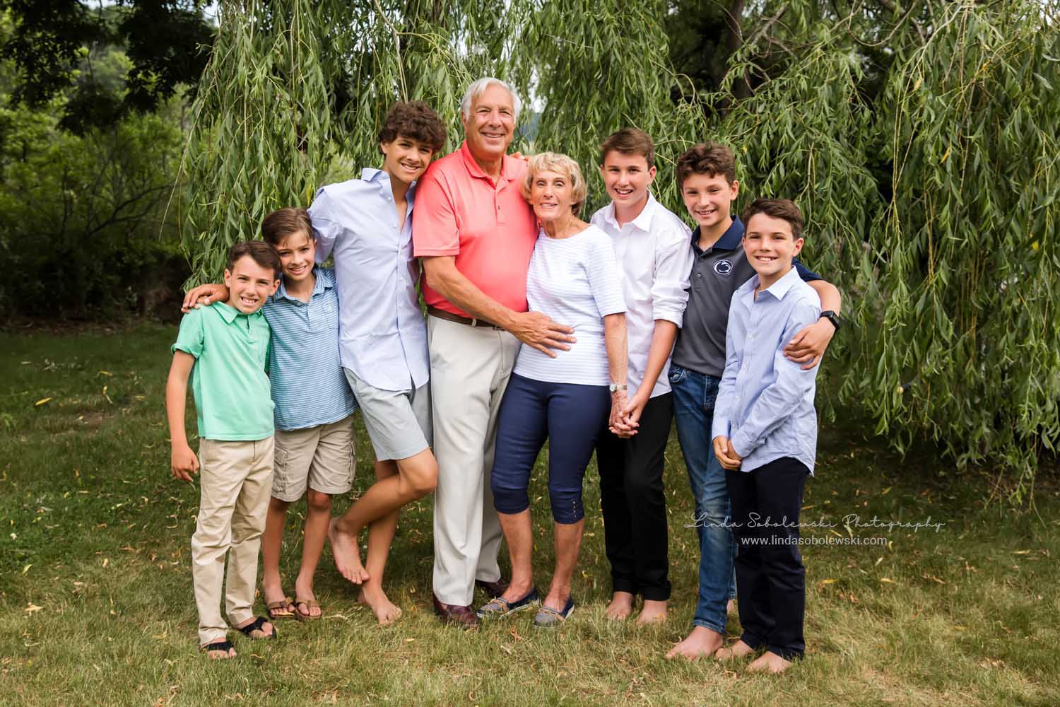 six grandsons and their grandparents at a family reunion photo shoot, CT Family photographer