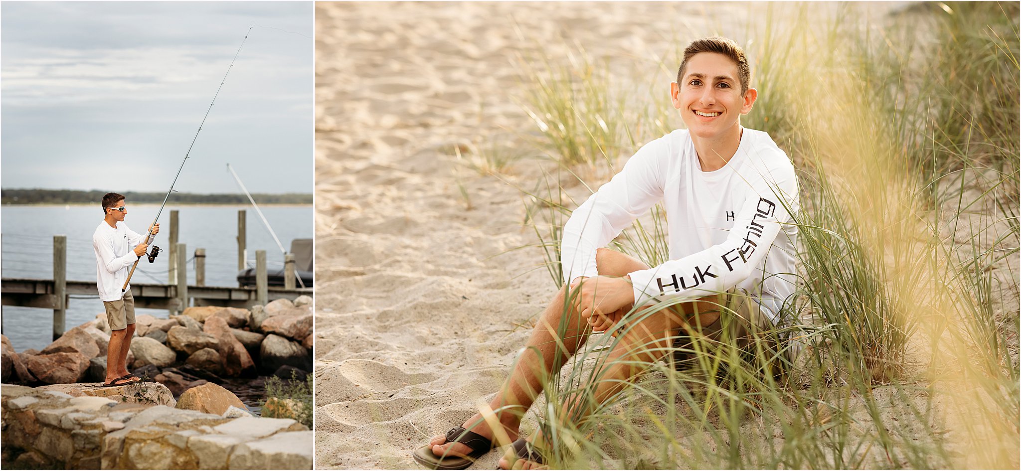 two photos of a young man fishing at the beach, Westbrook, CT high school senior photographer