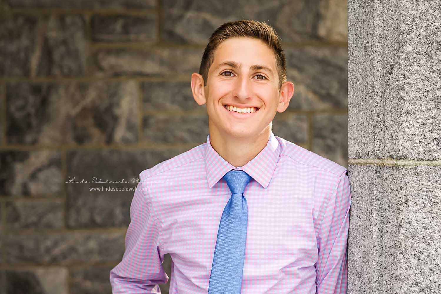 high school teenage boy with blue tie, Senior Boy Photography Session, Groton, CT photographer