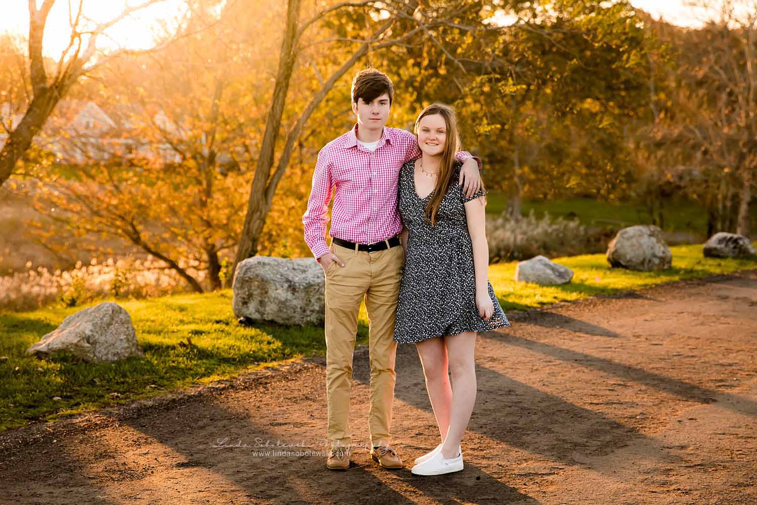 brother and sister standing together for fall family photos, Old Saybrook, CT photographer
