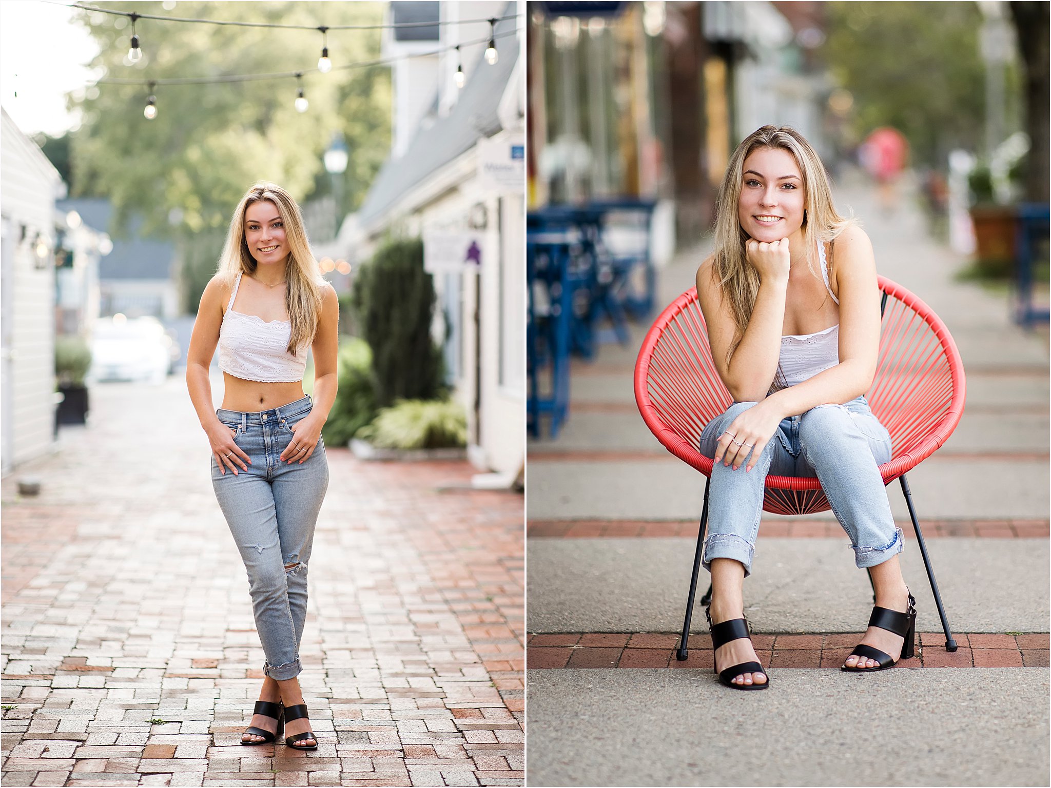 Teenager with blonde hair sitting on a red chair, Guilford Senior Photography Session