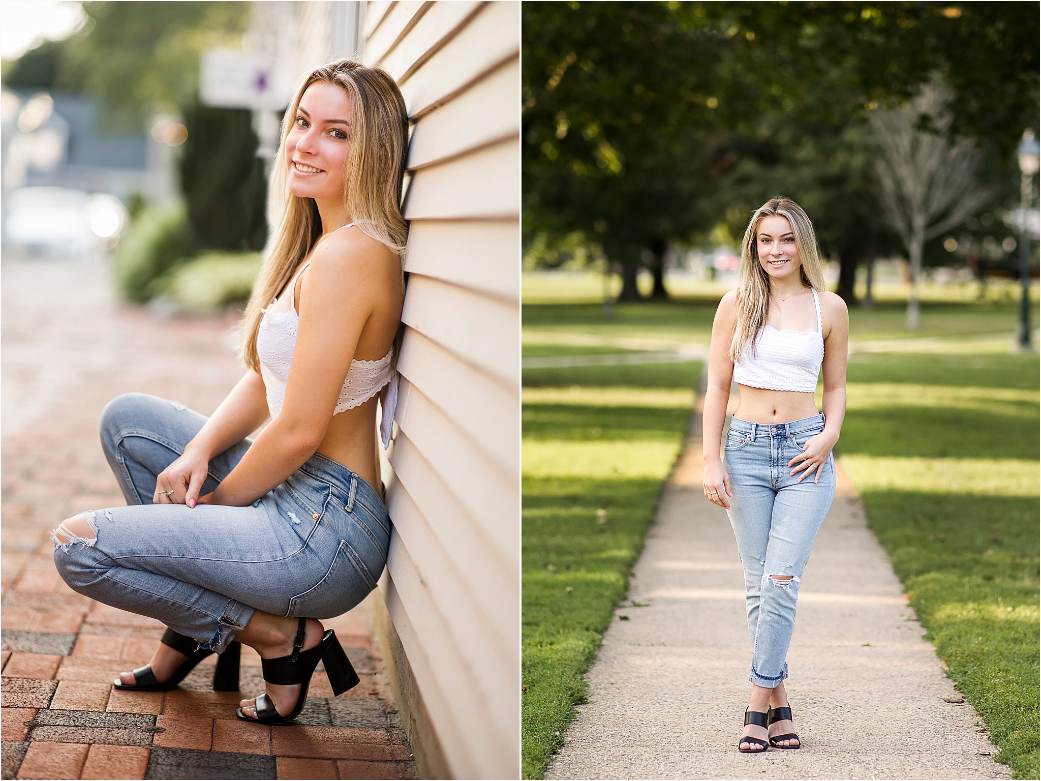 Teenager with blonde hair leaning against a wall and walking on a sidewalk, Guilford Senior Photography Session