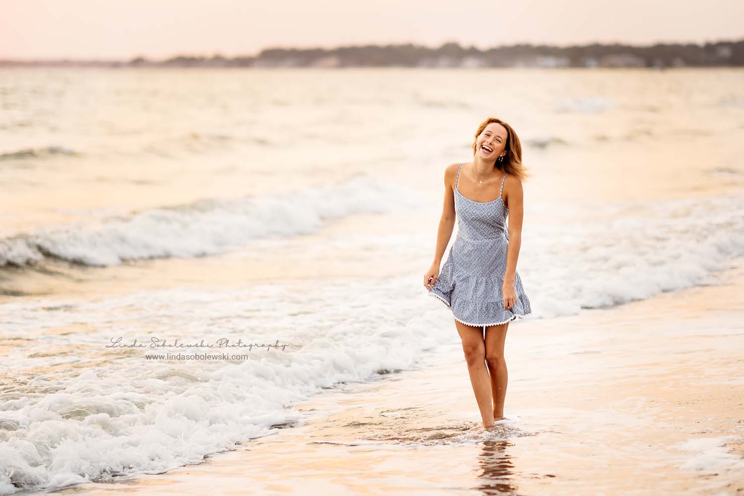 girl in blue dress at the beach, CT shoreline senior photographer