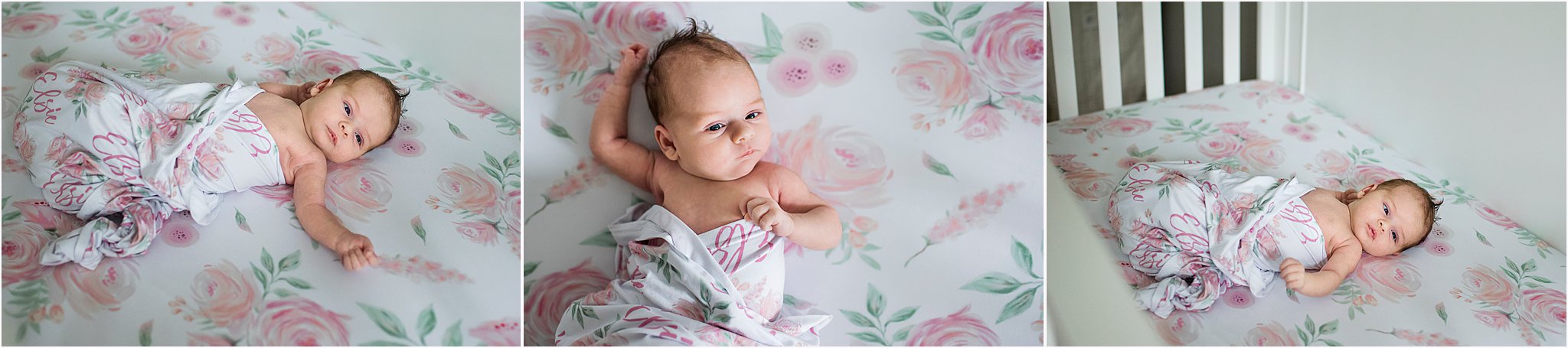 three photos of a baby girl in her crib, Westbrook CT newborn photographer