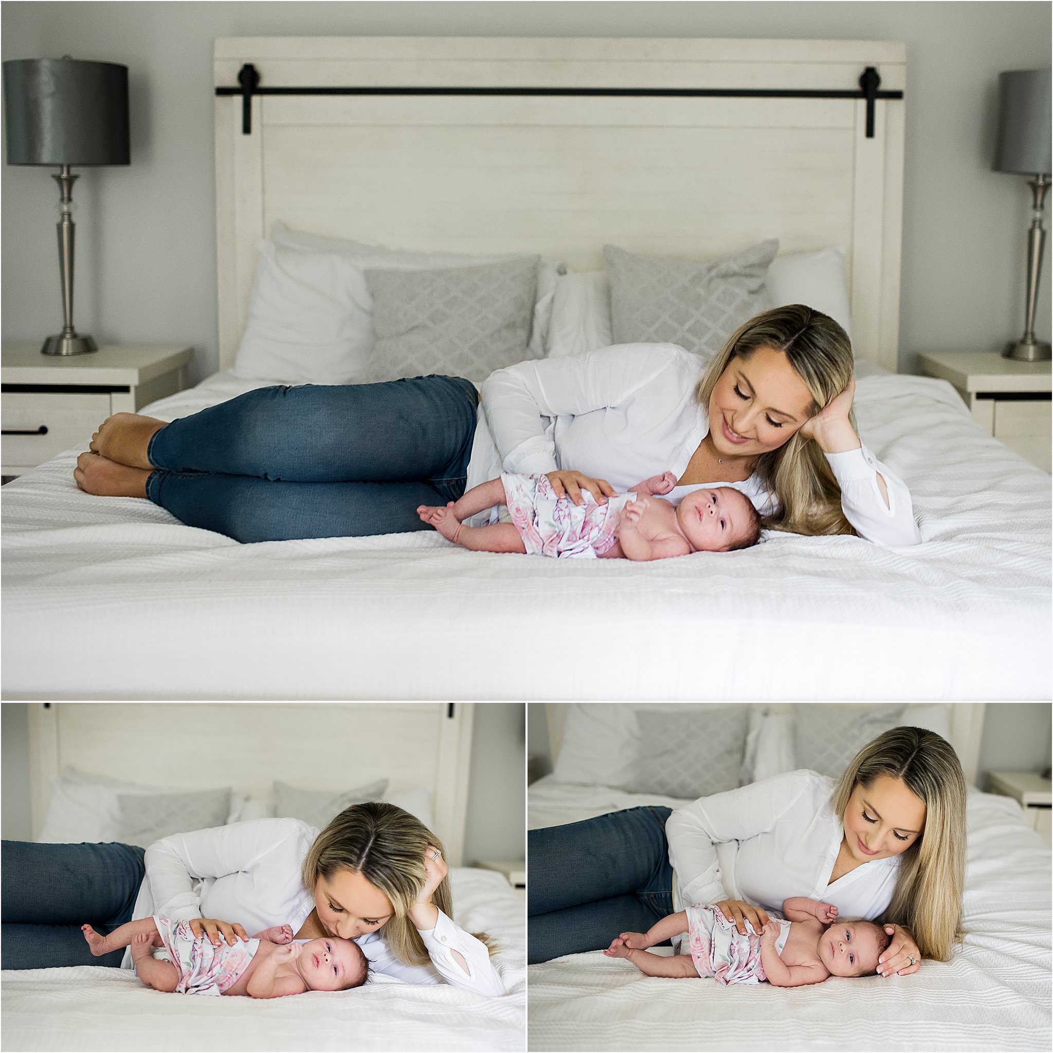 photos of a mom in a white shirt laying in bed with hew newborn baby girl. Westbrook CT newborn photographer