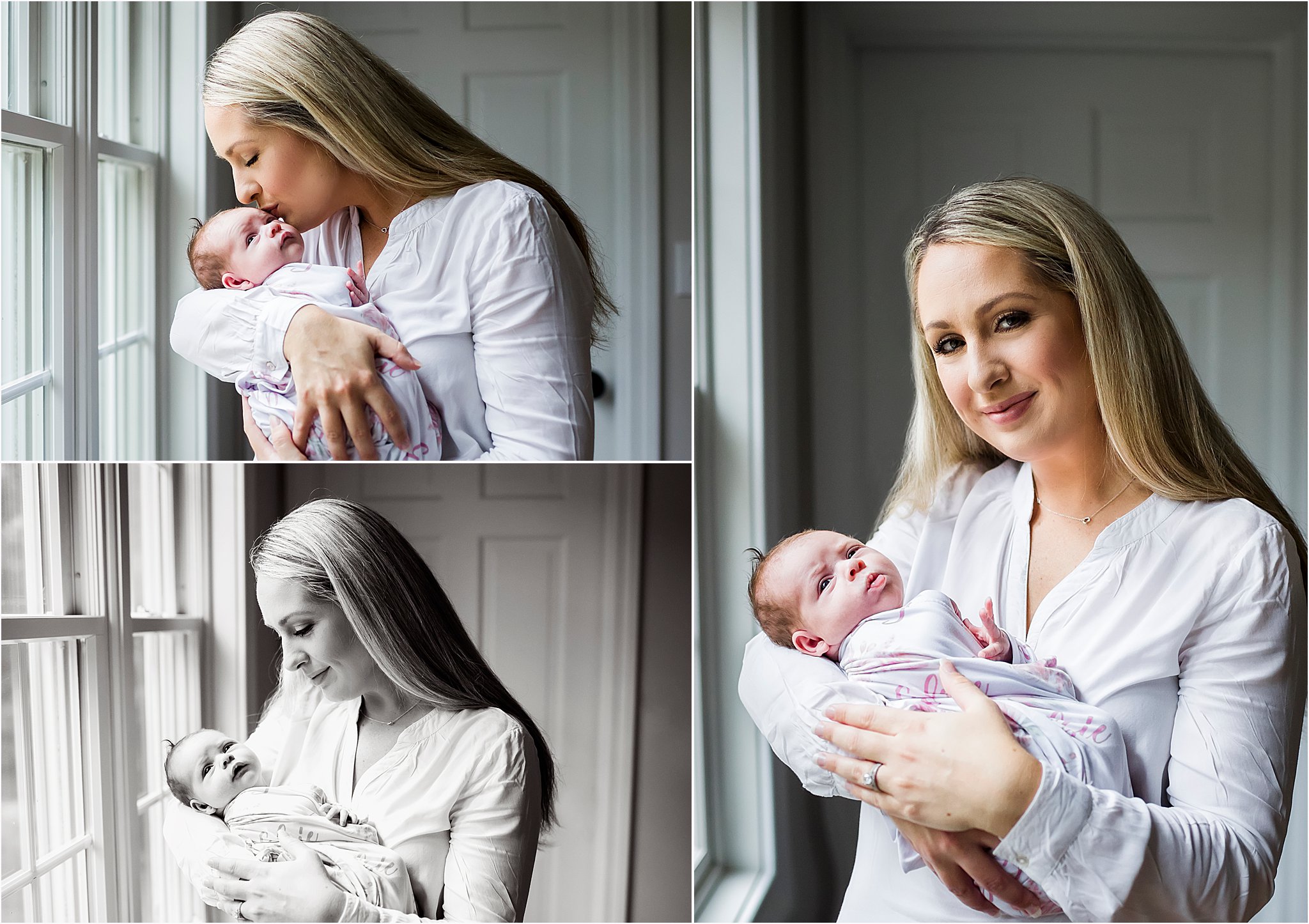 mom holding her newborn baby girl by a window, CT lifestyle newborn photographer