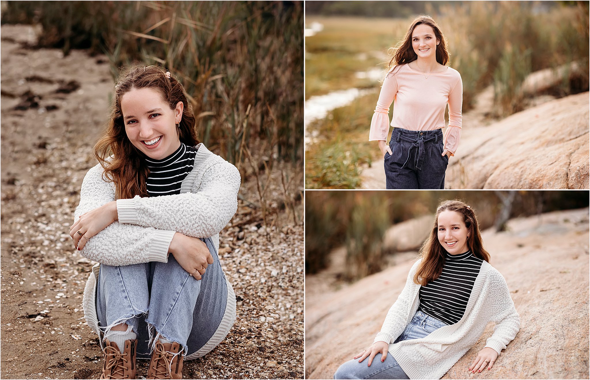 three images of teenage girls sitting on rocks, Guilford, CT Family photographer