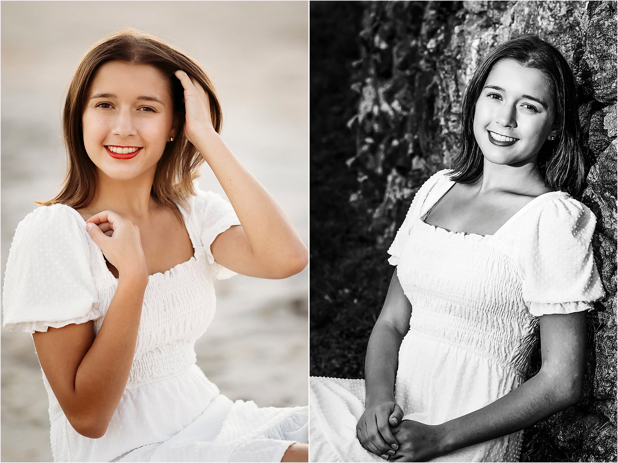 two images of a girl in a white dress at the beach, Old Lyme, CT Senior photographer