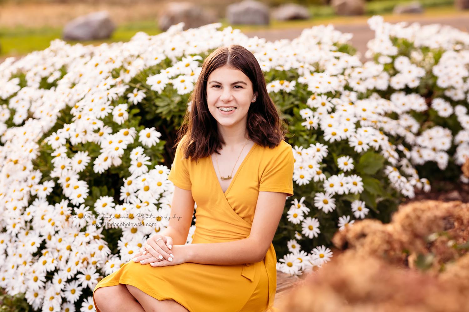 girl with yellow dress sitting next to white daisies, CT shoreline family photographer