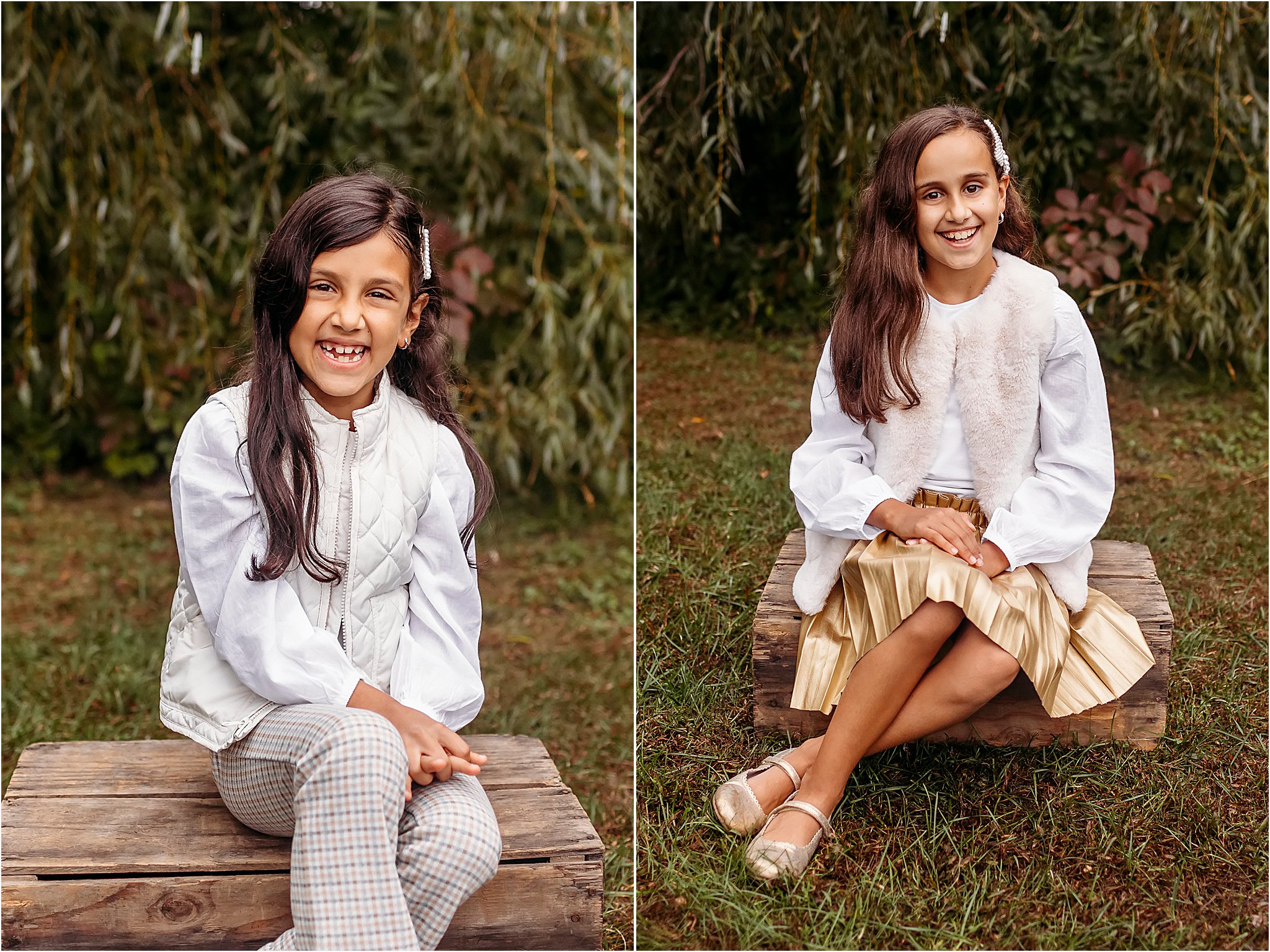 two little girls sitting on a crate for a family photo session in Old Saybrook, CT