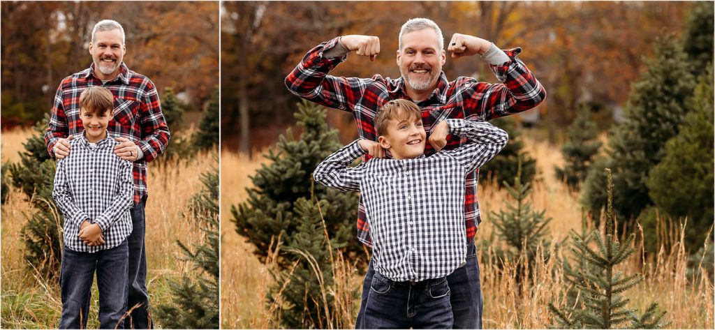dad and his son at the tree farm, CT Family photographer