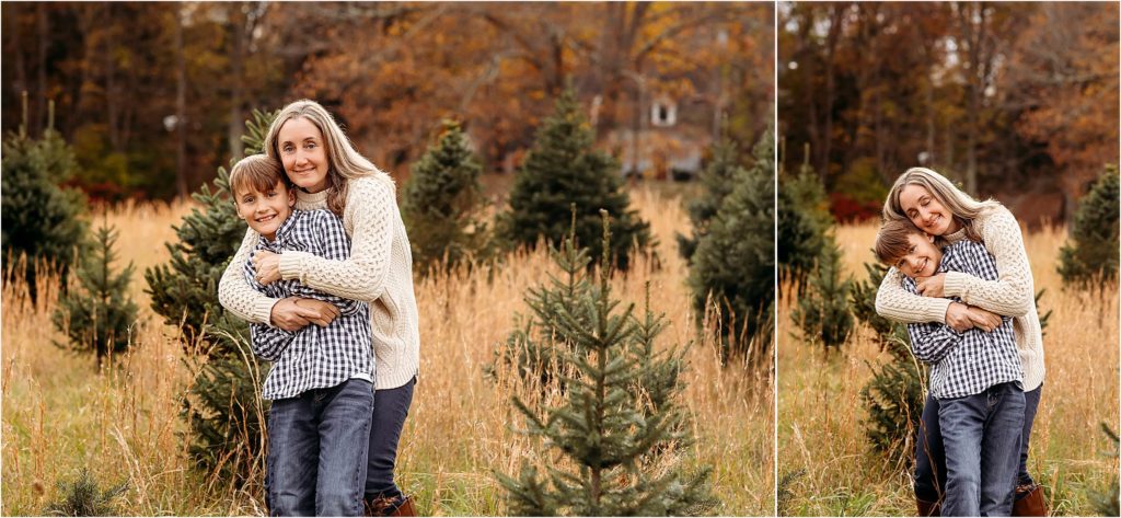 mom and her son at the tree farm. CT shoreline family photographer