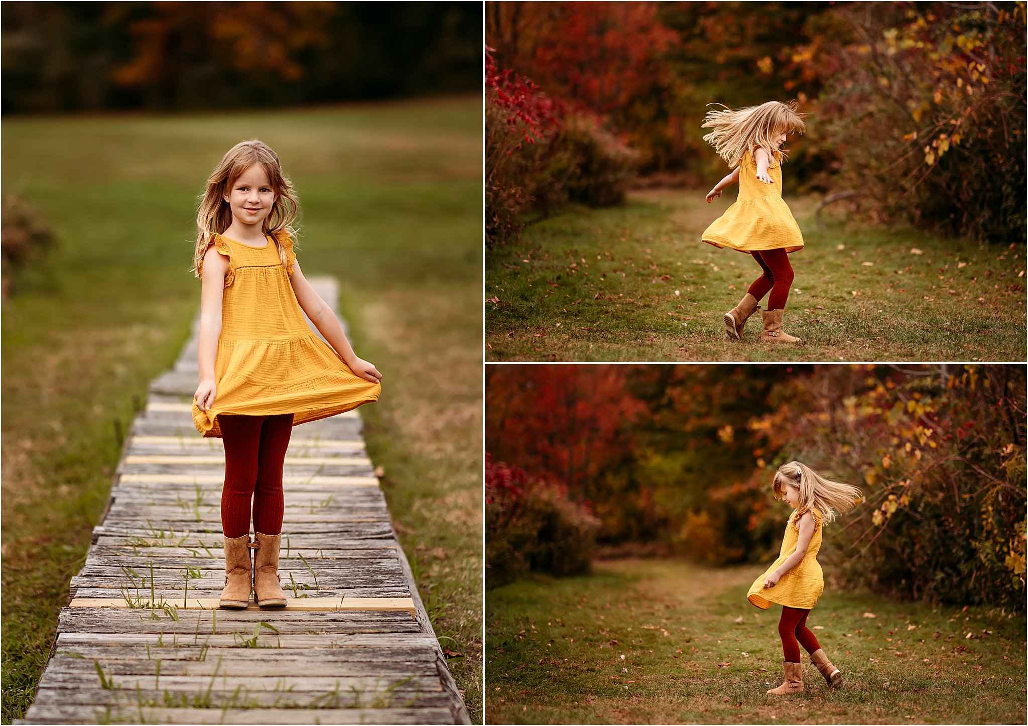 little girl in yellow dress spinning around, Madison CT Best Family Photographer