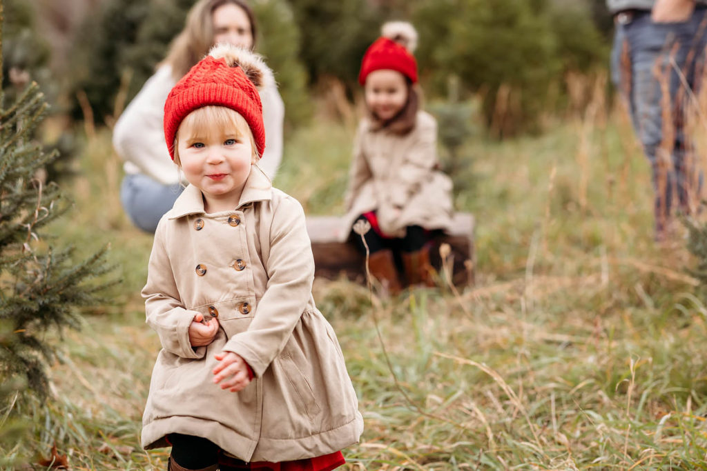 little girl in red hat, Christmas Tree Farm mini session, Essex, CT family photographer